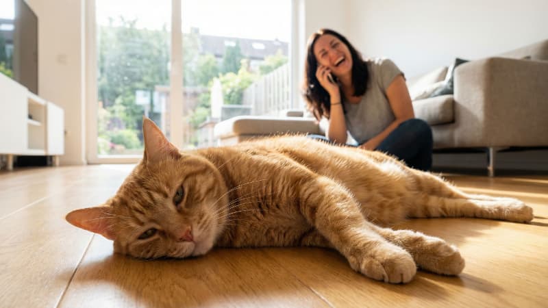 飼い主が楽しそうに電話している場所から距離をおいて退屈そうな顔の猫