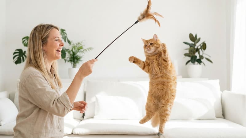 猫じゃらしで遊ぶ猫と女性