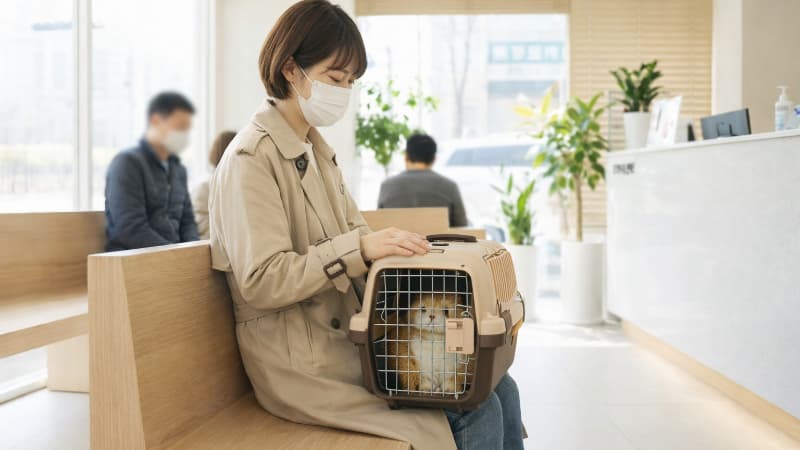 動物病院で診察を待つ猫と飼い主
