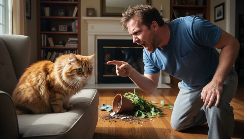 猫を叱っている男性