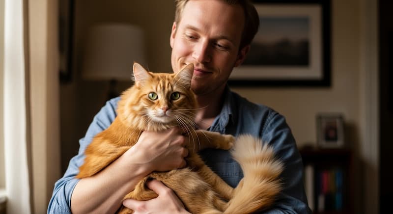 猫を抱く白人男性