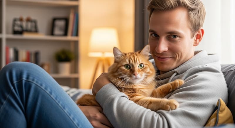 ソファで猫を抱く白人男性