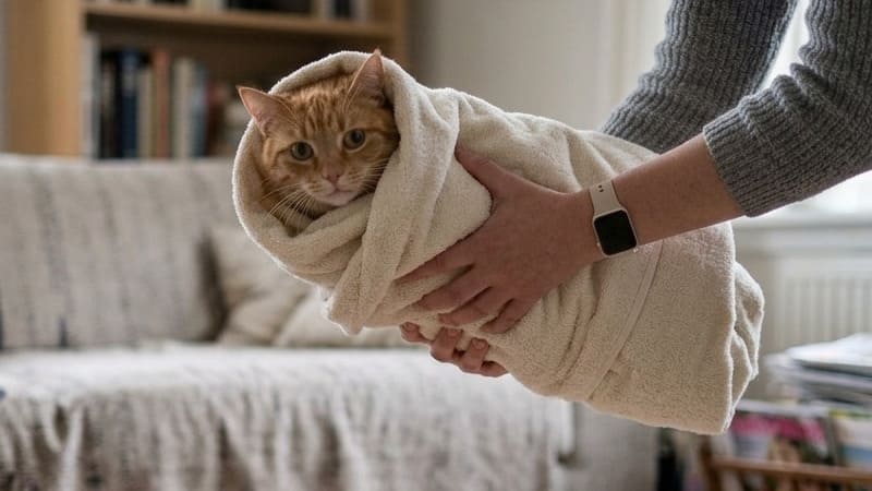タオルで猫の体をくるむ「タオル巻き」