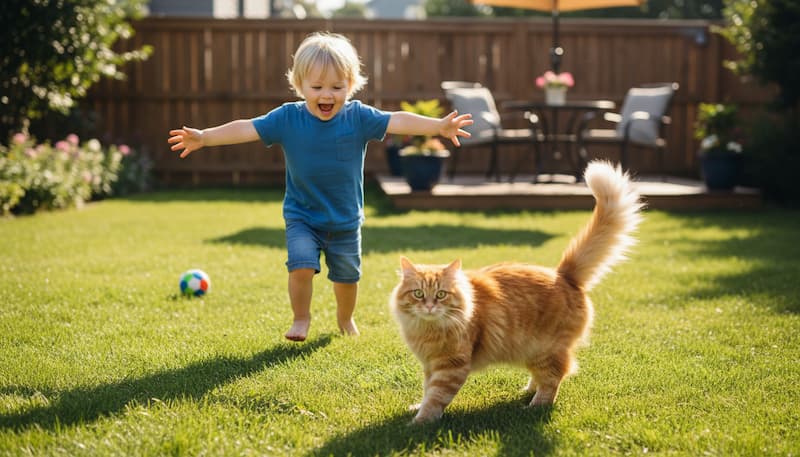 猫に駆け寄る子供