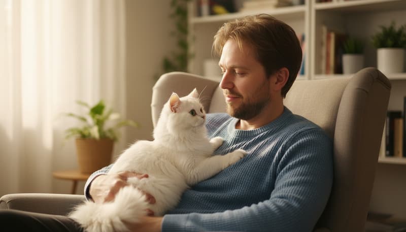 猫にゆっくり瞬きをする男性