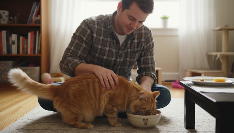 食事中の猫を撫で続ける男性