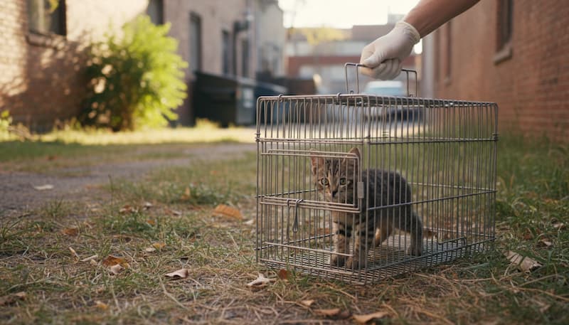 捕獲機で保護された子猫