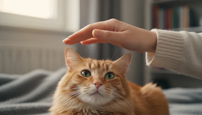 猫の頭の上から手をかぶせるように触ろうとする女性