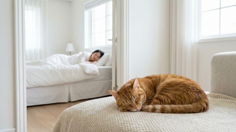飼い主の寝ている部屋と別の部屋で眠る猫