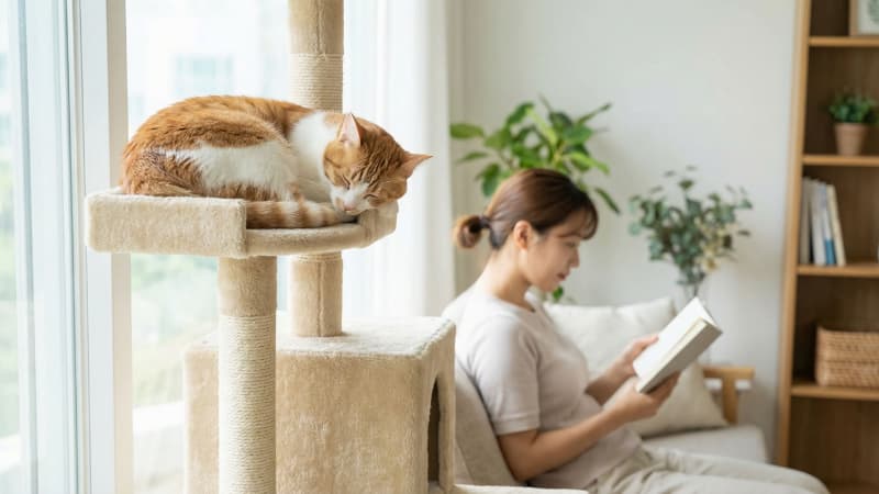 キャットタワーで眠る猫とソファで読書をしている飼い主