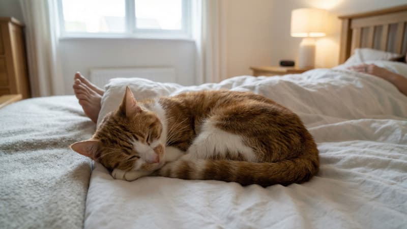 飼い主の寝ているベッドの、布団の上の足元のほうで眠る猫