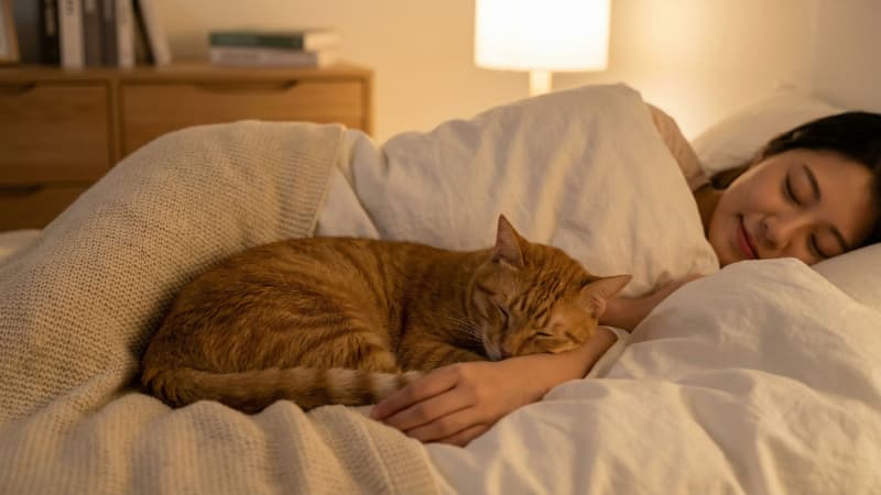 夜、べっどで飼い主の体に触れる位置でぴったりくっついて眠る猫