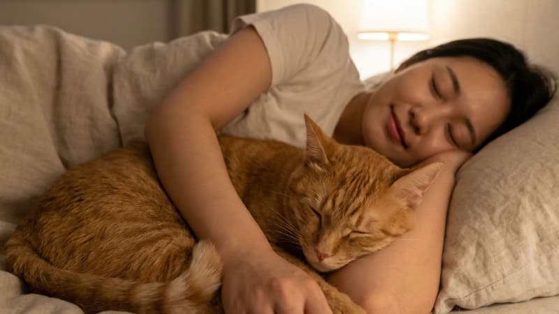 飼い主のベッドで腕まくらで眠る猫