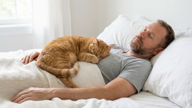 飼い主の体の上で寝る猫