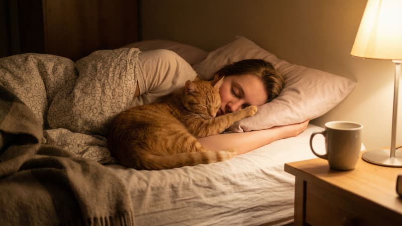 飼い主の顔の近くで寝る猫