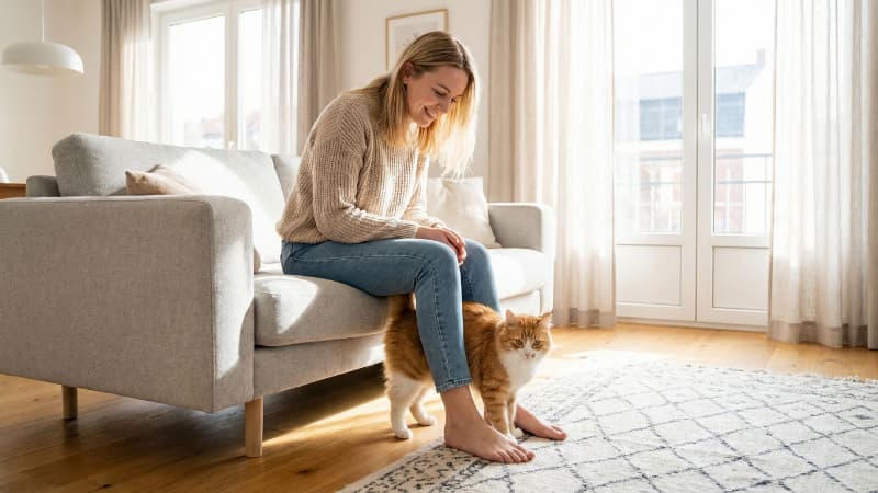 リビングで若い白人女性足元に体をこすりつける猫