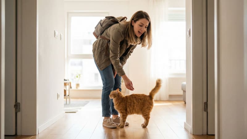 若い白人女性が猫に「ただいま」と声をかけている。