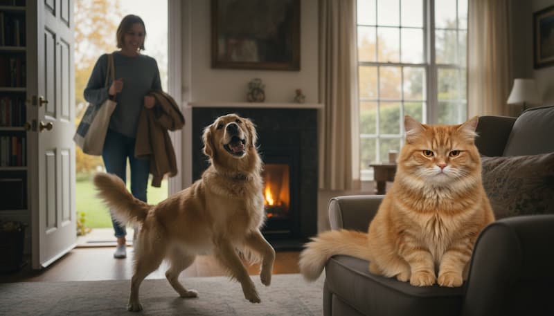 飼い主の帰宅で、尻尾を振って喜びを表す犬と、無表情の猫。