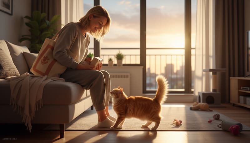 飼い主の帰宅で、尻尾をぴんと立ててお迎えする猫。