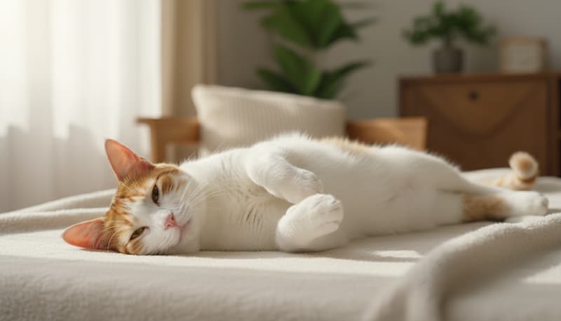 寝返りを打ってお腹を見せる猫