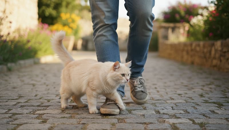 歩く白人飼い主の足元にまとわりつく猫