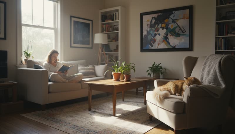 白人飼い主と同じ部屋で離れてくつろぐ猫