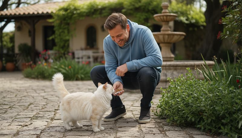 猫におやつをあげている男性