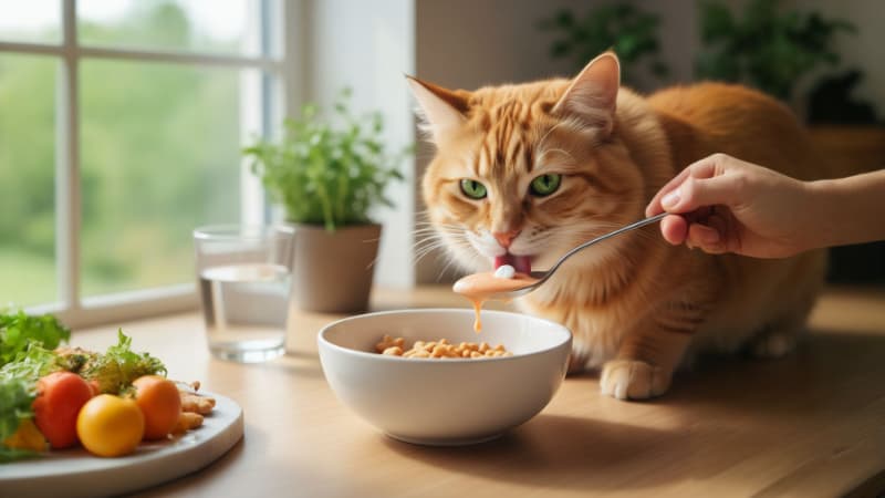 おやつと一緒に薬を飲む猫