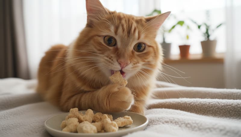 食べやすい大きさの、ささみのフリーズドライを食べている猫