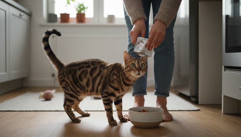 猫がおやつを用意している飼い主の足にまとわりついている様子