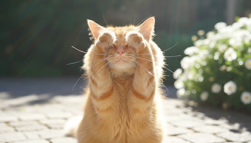 前足で目をふさいでいる猫