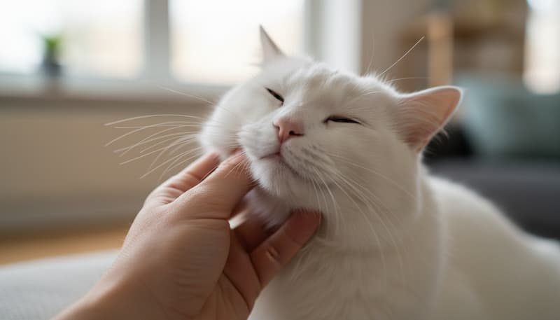 飼い主に首を撫でられて気持ちよさそうな猫