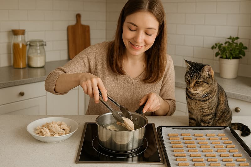 女性が猫のおやつを手作りしている様子。ささみをゆでるなど