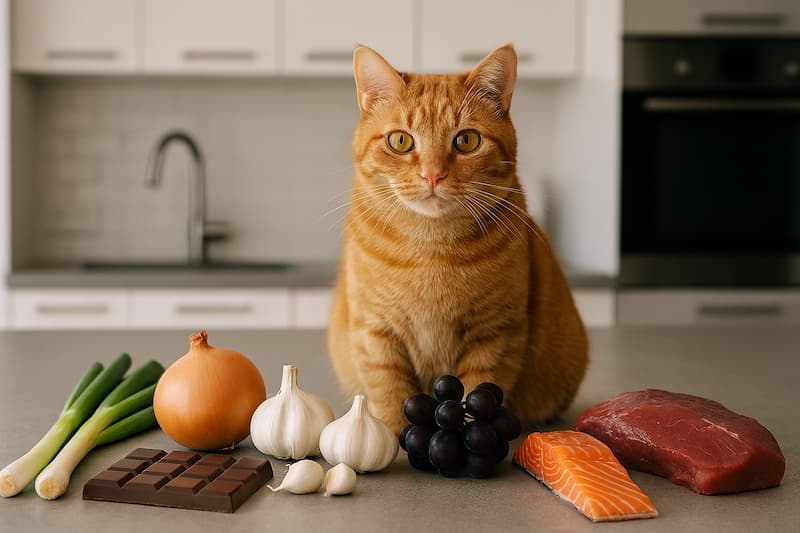 アイランドキッチンの上にいる猫の前に並べた、危険な食べ物、ネギ・玉ねぎ・にんにく類・チョコレート・ぶどう・生の魚・生肉