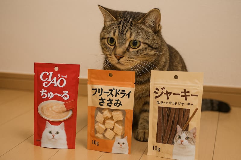 ちゅ〜る・フリーズドライささみ・ジャーキーのどれを選ぼうか迷っている猫