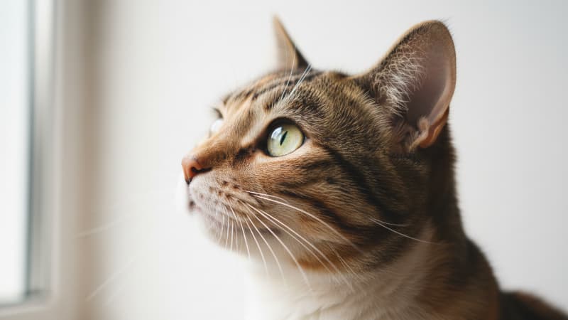 斜め上を見上げている猫の横顔