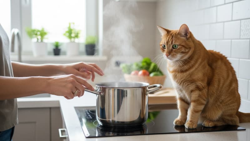 キッチンでお湯を沸かす女性と猫