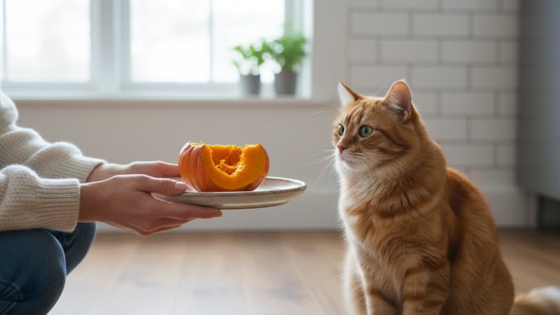 ゆでたカボチャを差し出す女性と猫