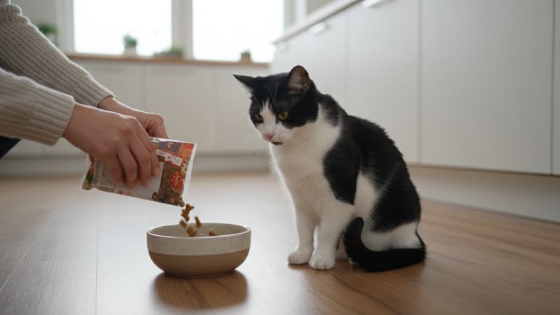 おやつをフードボウルに入れている白人飼い主の手元と、それを待っている猫