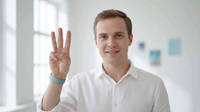 ３本指をあげている男性