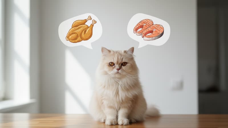 中央に猫、左右上部の吹き出しの中に、チキン、サーモン