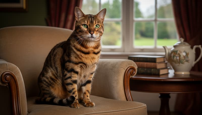 ソファに座るベンガル猫