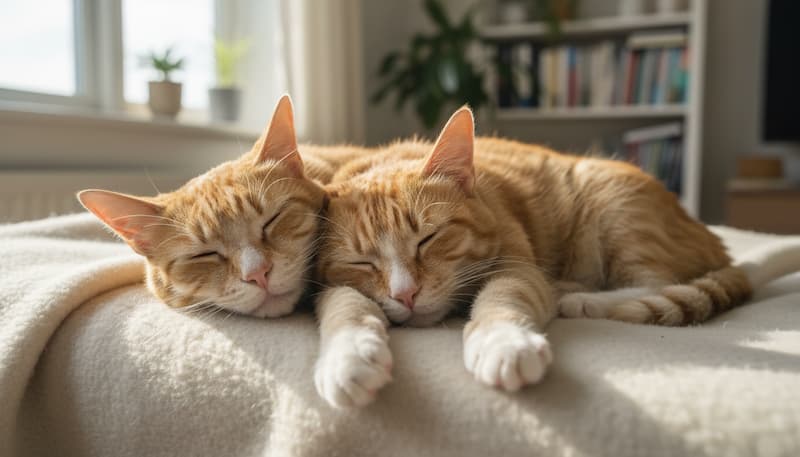 ベッドの上で眠る2匹のシニア猫