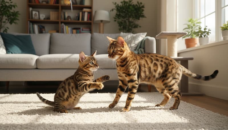 2匹のベンガル子猫が遊んでいる