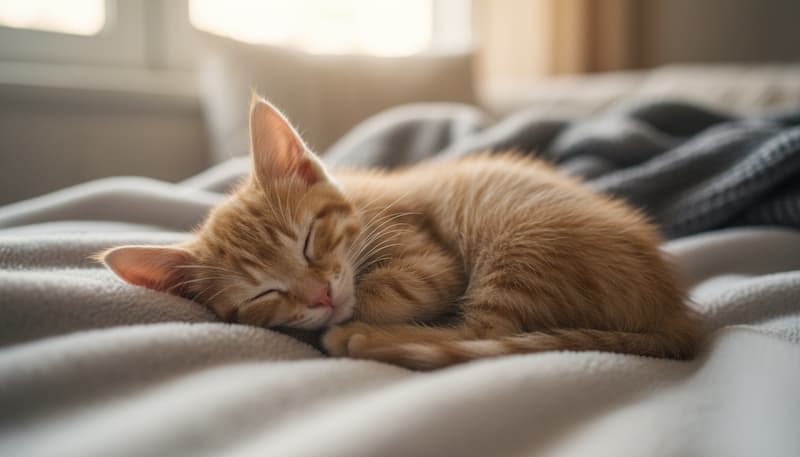 ベッドで眠る子猫