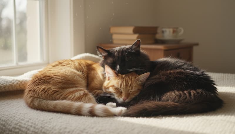 寄り添って寝ている二匹の猫