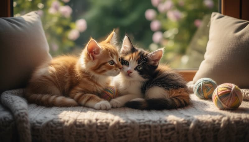 窓際で寄り添う子猫