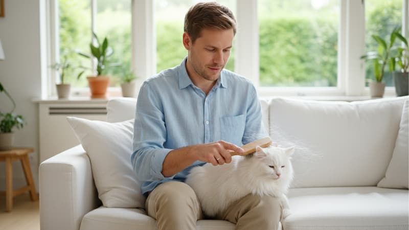 猫のブラッシングをしている白人男性