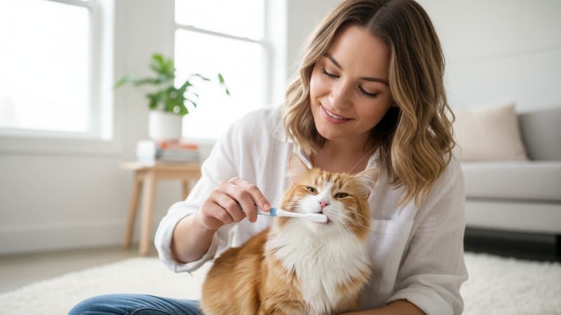 歯磨きをされている猫