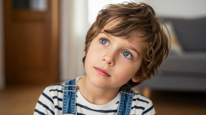 首をかしげている男の子